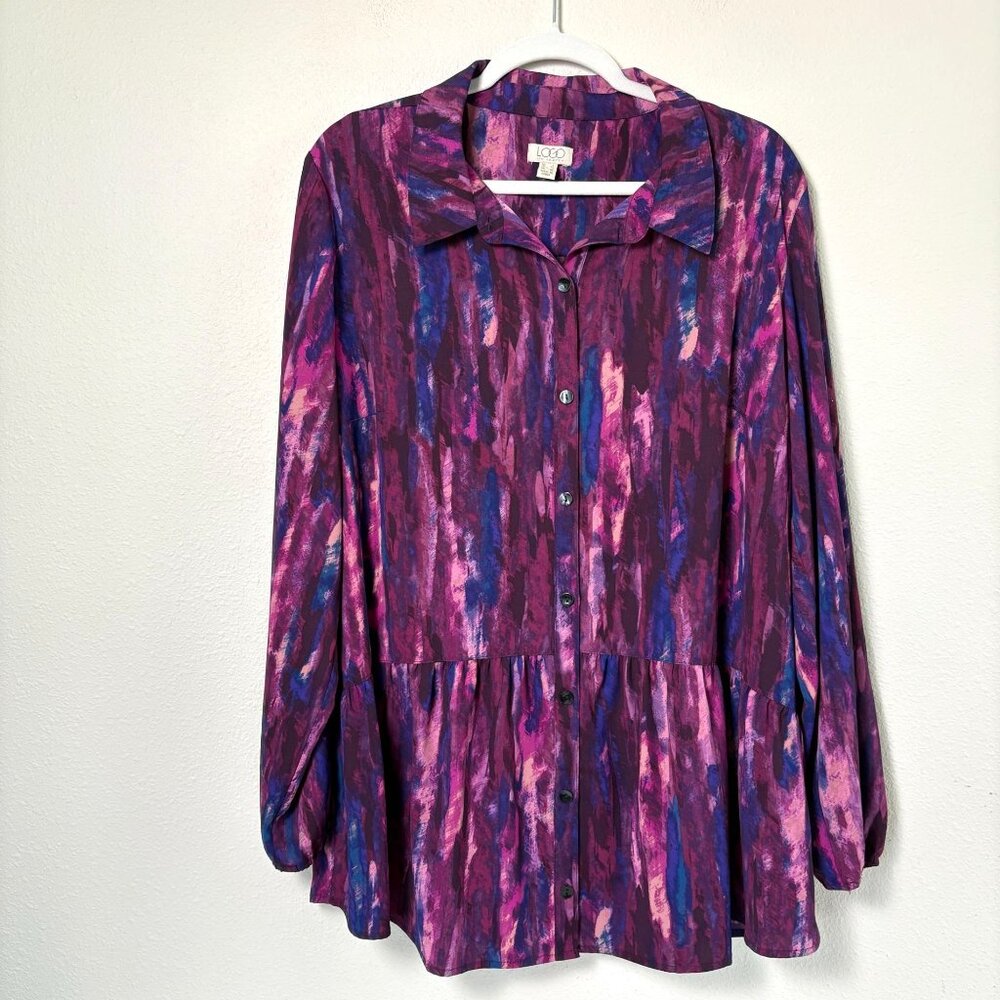 LOGO by Lori Goldstein Button Front Blouse Size L Purple Blue Print Crepe Top